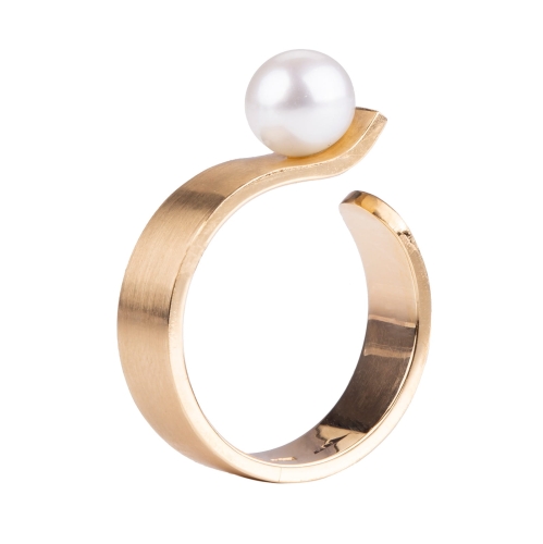 pierścionek z perłą, minimalistyczny, prosty, geometryczny ręcznie robiony, perła hodowana, złoto 585, 14K